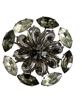 Vintage Silver Tone Rhinestone Floral Brooch Gray Navette Crystal Pin Statement